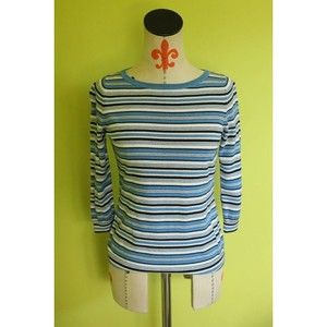 Talbots Womens Sz XS Sweater Blue Stripe 3/4 Sleeve Cotton Rayon Blend EUC